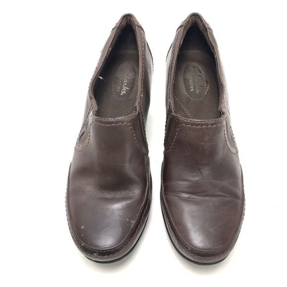 CLARKS Chocolate Brown Chunky Block High Heels Clogs Booties Leather Shoes 9 W - Picture 5 of 16